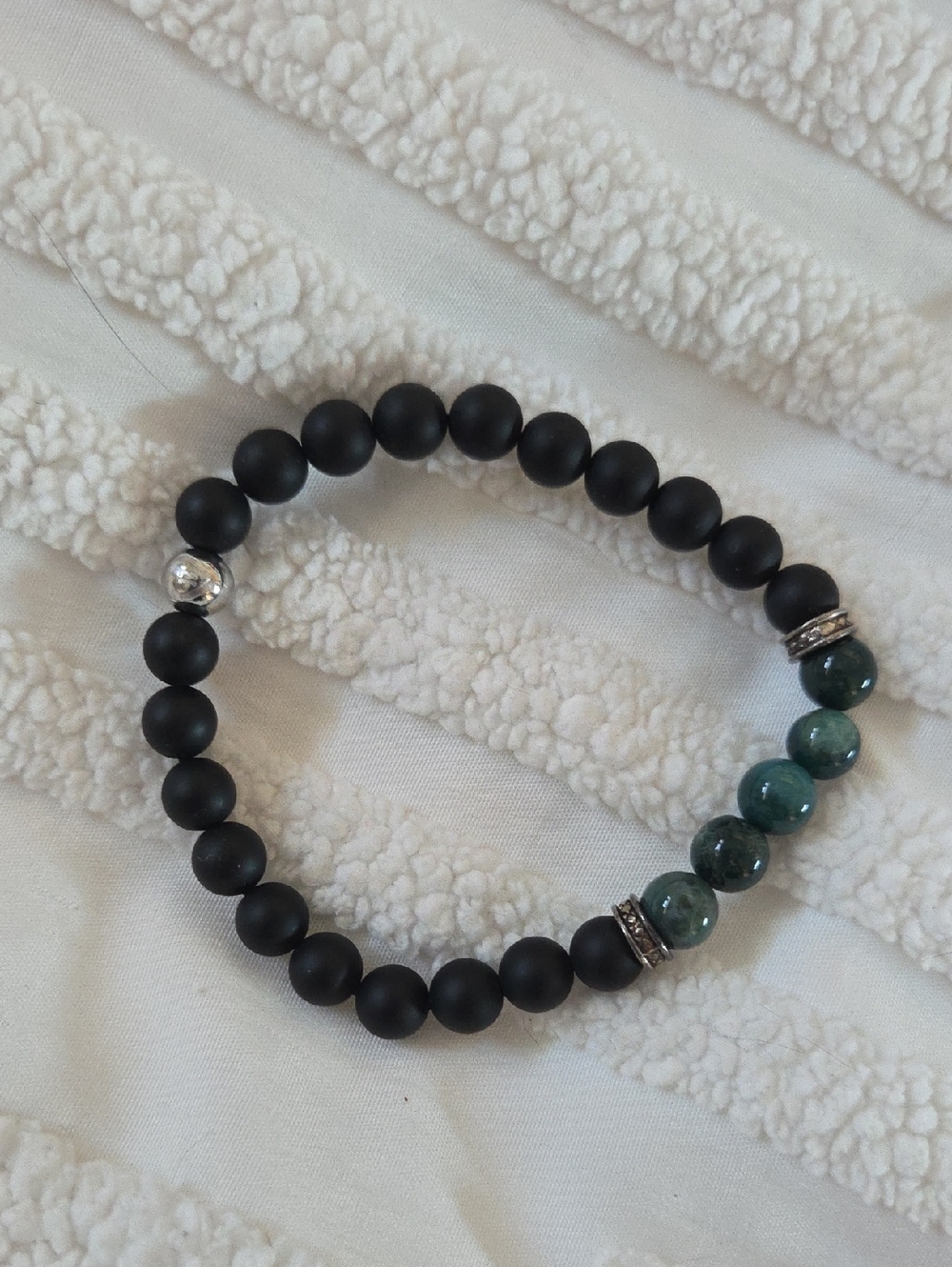Matte Black Beaded Bracelet with Green Stone Accents